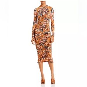 NEW! ALC Ansel Printed Ruching Mock Neck Stretch Midi Dress Size Small Bodycon